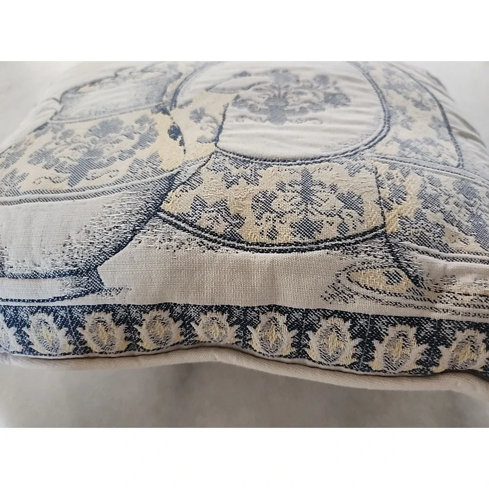 CHARMING Teapot Plate Cup Woven Jacquard Blue White Yellow Cottagecore 13x11 VTG
